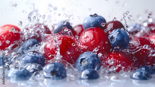 a burst of tangy cranberry and blueberry juices creating a vibrant splash on a pure white background