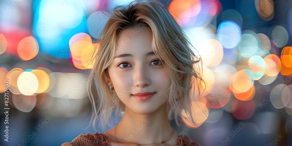 Stylish Asian Woman with Blonde Hair in Urban Setting, Focused on City Background with Space for Text. Concept Urban Fashion, Asian Model, Blonde Hair, Cityscape, Text Space Stylish Asian Woman with Blonde Hair in Urban Setting, Focused on City Background with Space for Text. Concept Urban Fashion, Asian Model, Blonde Hair, Cityscape, Text Space