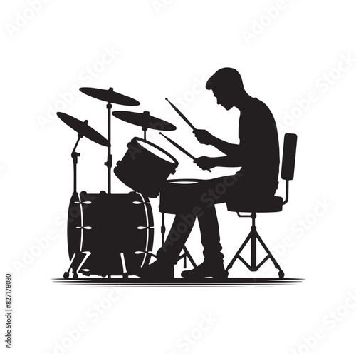A drummer musician drumming drums in detailed silhouette
