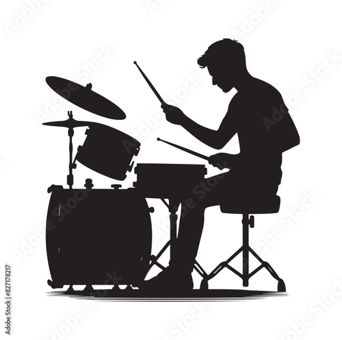 A drummer musician drumming drums in detailed silhouette
