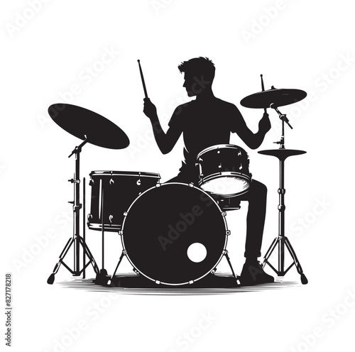 A drummer musician drumming drums in detailed silhouette
