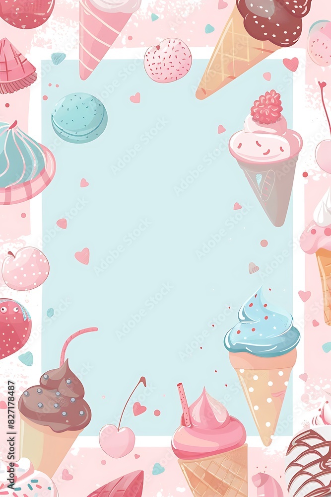 Girly Pastel Invitation Template with Cute Cartoon Illustrations and Blank Space in Center for Text Placement Girly Pastel Invitation Template with Cute Cartoon Illustrations and Blank Space in Center for Text Placement