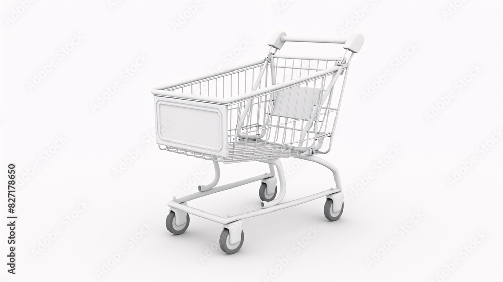 A highly detailed 3D realistic white shopping cart isolated against a clean white background, showcasing intricate features like the wireframe basket, sturdy wheels, and handle, perfect for A highly detailed 3D realistic white shopping cart isolated against a clean white background, showcasing intricate features like the wireframe basket, sturdy wheels, and handle, perfect for