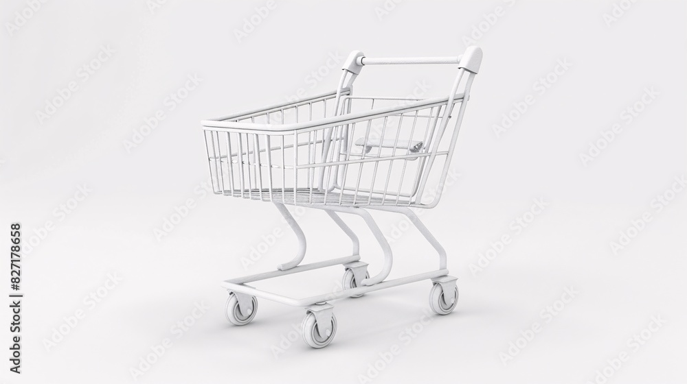 A highly detailed 3D realistic white shopping cart isolated against a clean white background, showcasing intricate features like the wireframe basket, sturdy wheels, and handle, perfect for A highly detailed 3D realistic white shopping cart isolated against a clean white background, showcasing intricate features like the wireframe basket, sturdy wheels, and handle, perfect for