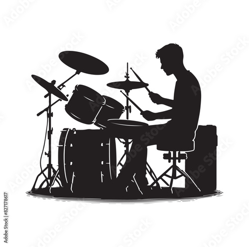 A drummer musician drumming drums in detailed silhouette