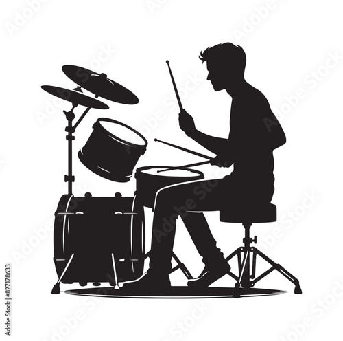 A drummer musician drumming drums in detailed silhouette