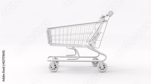 A highly detailed 3D realistic white shopping cart isolated against a clean white background, showcasing intricate features like the wireframe basket, sturdy wheels, and handle, perfect for © Sine