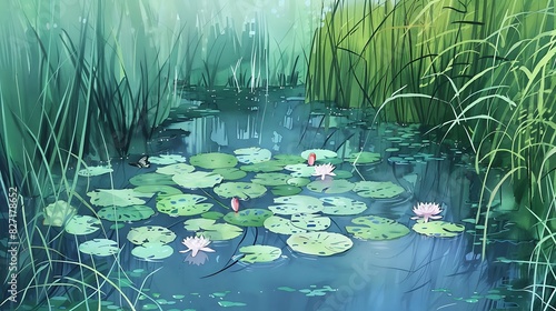 Tranquil pond surrounded by delicate water lilies and vibrant green reeds  a haven for wildlife and reflection.