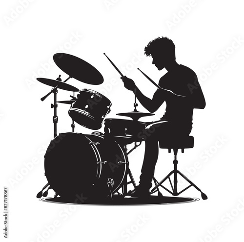 A drummer musician drumming drums in detailed silhouette