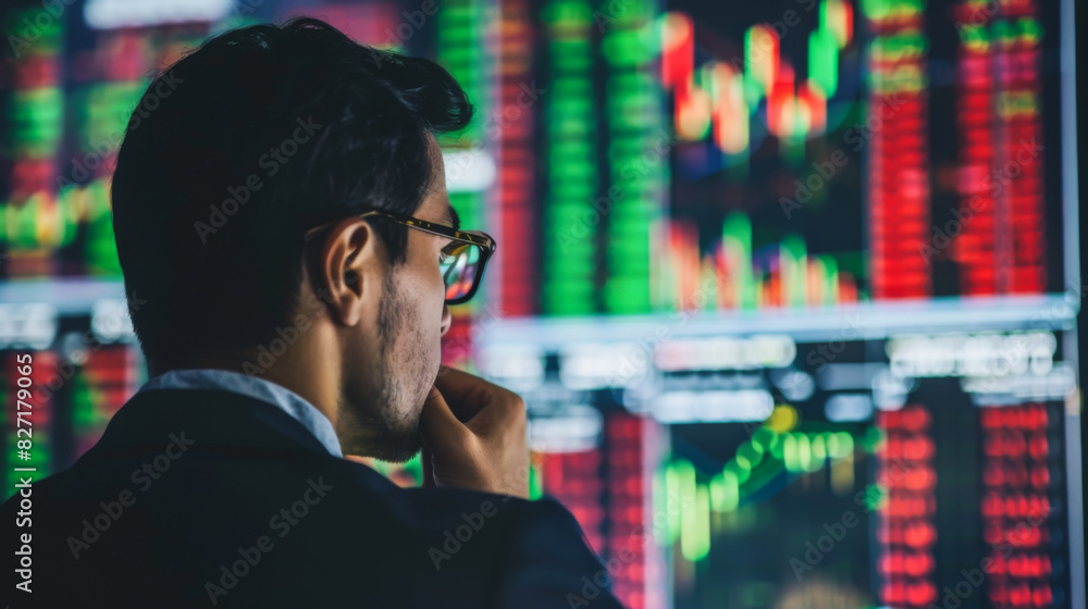 Rear view of a man near a digital screen with graphs on a large background. An investor evaluates and analyzes stock markets. Business, money concept. Rear view of a man near a digital screen with graphs on a large background. An investor evaluates and analyzes stock markets. Business, money concept.