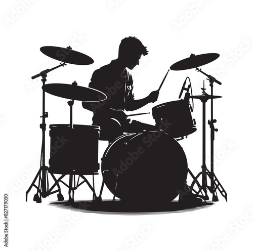 A drummer musician drumming drums in detailed silhouette