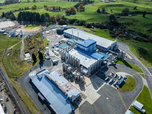 Aerial view of milk processing plant, Tirau, New Zealand