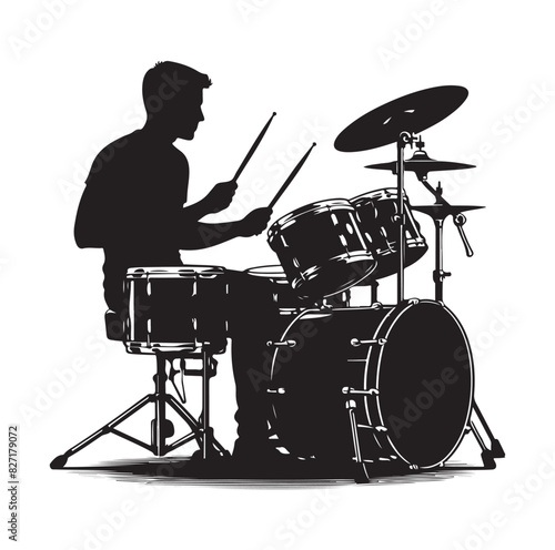 A drummer musician drumming drums in detailed silhouette