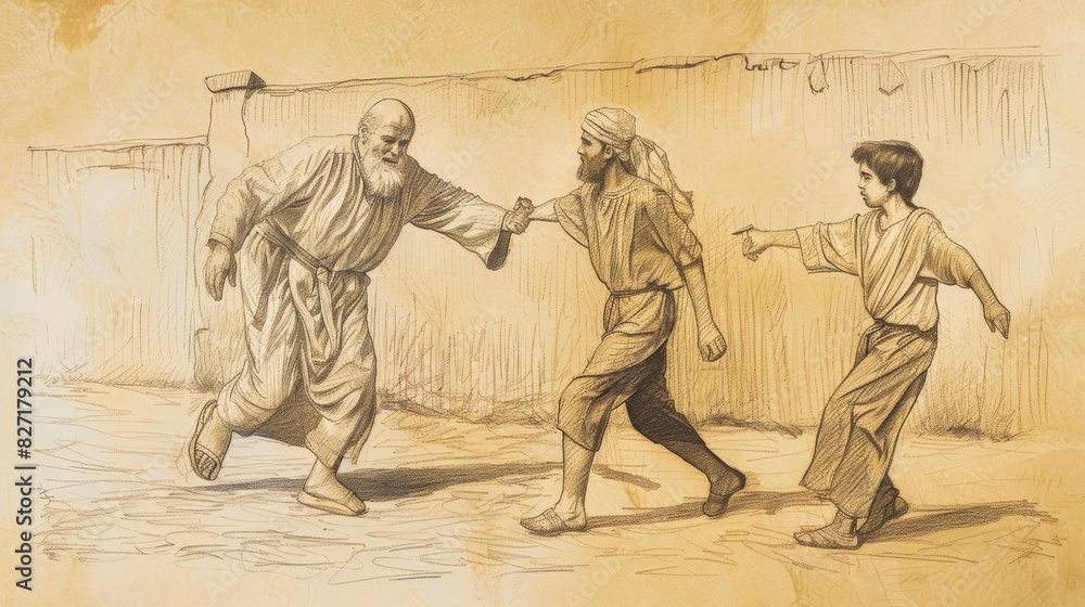 Biblical Illustration of Prodigal Son's Return, Father Running to Meet, Older Brother Skeptical, Beige Background, Copyspace Biblical Illustration of Prodigal Son's Return, Father Running to Meet, Older Brother Skeptical, Beige Background, Copyspace