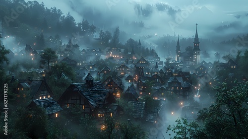 A quiet village at dawn, the houses and streets softly illuminated by the first light of day