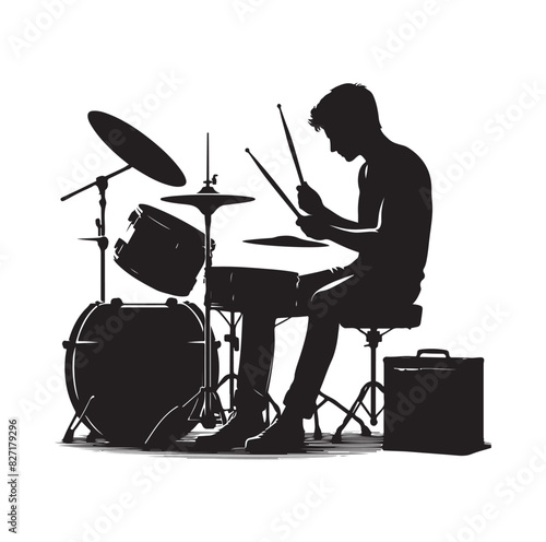 A drummer musician drumming drums in detailed silhouette
