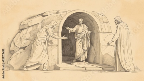 Raising Lazarus from Dead, Jesus Calls Forth, Biblical Illustration, Beige Background, Copyspace