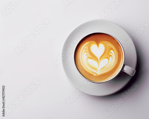 Latte coffee cup with heart art on dark  copy space  top view  trendy minimalist design