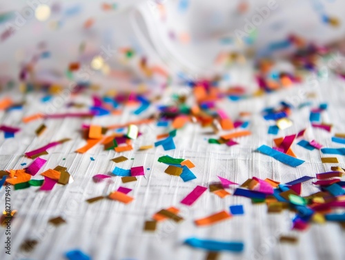 A lively celebration with colorful pieces of confetti scattered on a white tablecloth.