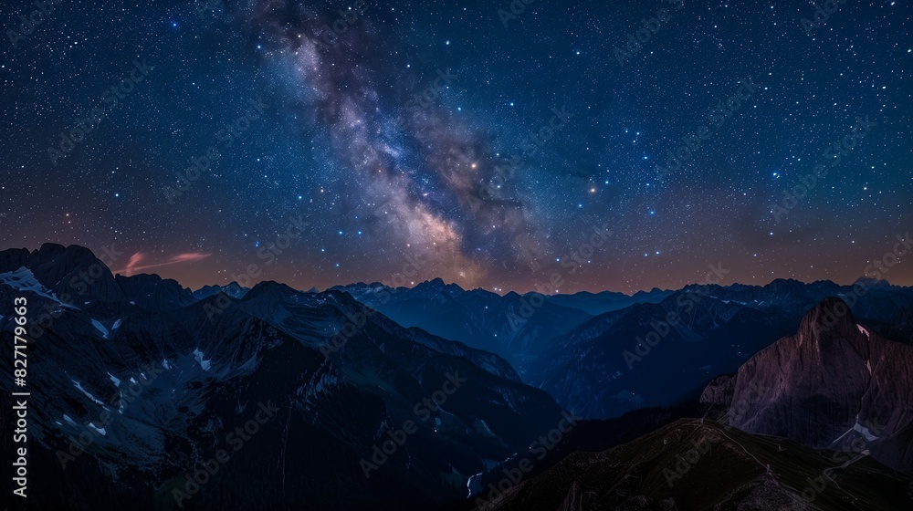 Stunning night view of mountains under a star-filled sky and Milky Way, casting ethereal glow and shadows. Stunning night view of mountains under a star-filled sky and Milky Way, casting ethereal glow and shadows.