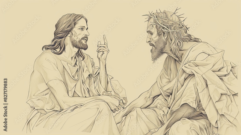 Biblical Illustration of Temptation of Jesus in Wilderness, Satan Offering Kingdoms, Beige Background, Copyspace Biblical Illustration of Temptation of Jesus in Wilderness, Satan Offering Kingdoms, Beige Background, Copyspace