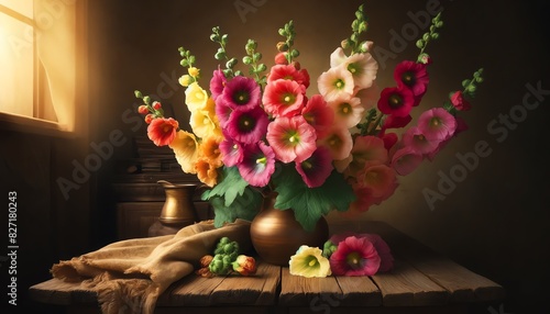 A bouquet of vivid-colored Hollyhocks on a wooden table