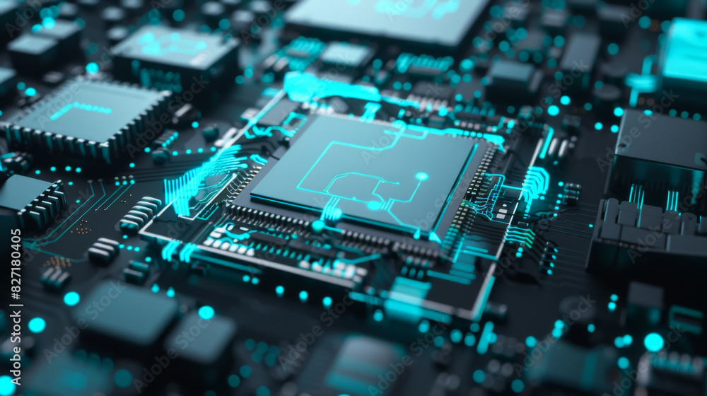 Close-up of a modern processor chip with electronic circuits with light blue neon backlight. Technology chip on the motherboard. Technology concept. Close-up of a modern processor chip with electronic circuits with light blue neon backlight. Technology chip on the motherboard. Technology concept.