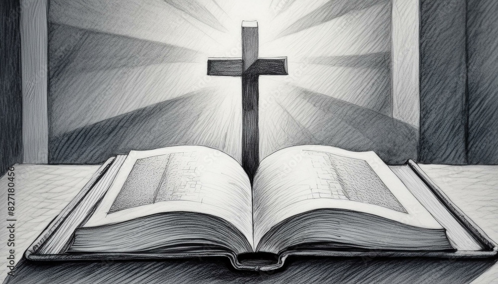 Christian Cross with Bible - Symbol of Christianity - Enlightening by Reading the Bible - Book of Christians - Cross symbol - Crucifixion of Jesus Christ - Holy Rays - Blessing from Above Christian Cross with Bible - Symbol of Christianity - Enlightening by Reading the Bible - Book of Christians - Cross symbol - Crucifixion of Jesus Christ - Holy Rays - Blessing from Above