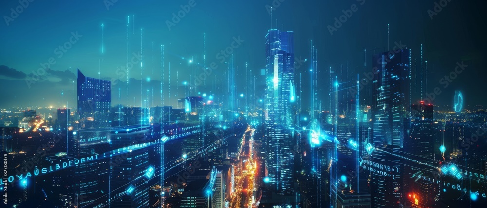 Obraz premium Futuristic Cityscape Skyscrapers and city lights with a technological twist