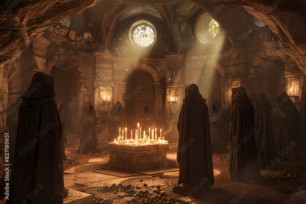 Silent Conclave: Hooded Figures in Ancient Stone Chamber with Mystical Symbols