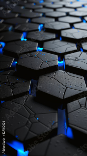 Dark abstract background with black hexagons with blue highlight. Metal hexagons. Geometric figures. Copy space.