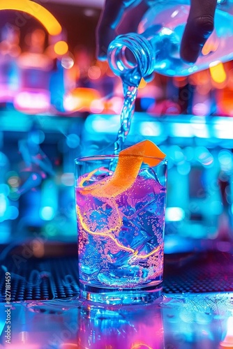 A dynamic image of a bartender pouring a neonblue cocktail into a glass with a citrus twist, creating a striking visual effect under mood lighting
