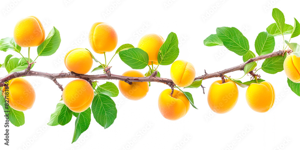 Close-up shot of fresh yellow apricots on a branch with vibrant green leaves. Health, nature, and fruit concepts.