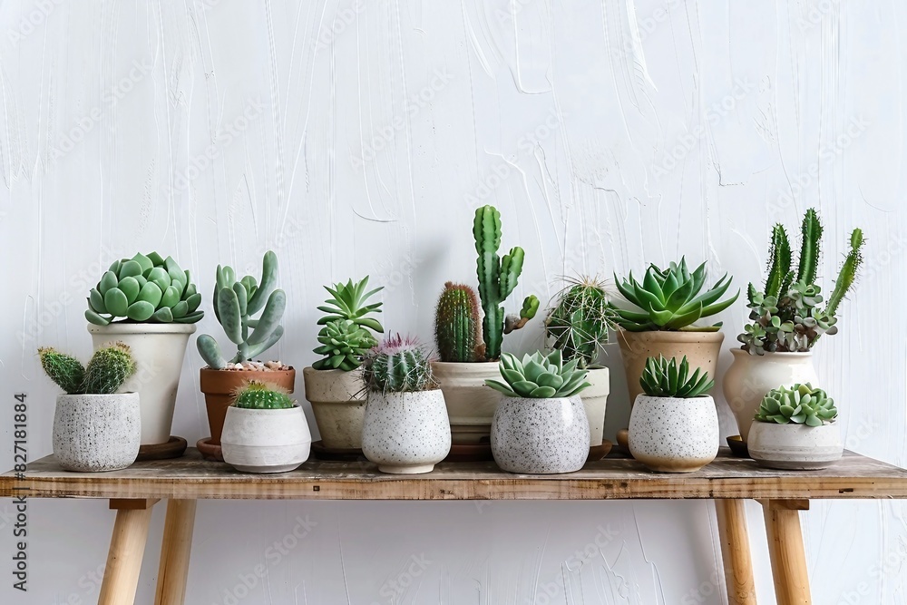 Obraz premium Scandinavian room interior with plants, cacti and succulents composition in design and hipster pots on the brown shelf. White walls. Modern and floral concept of home garden. generative ai.