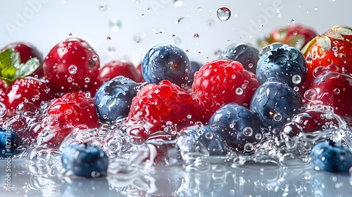 a burst of tangy cranberry and blueberry juices creating a vibrant splash on a pure white background