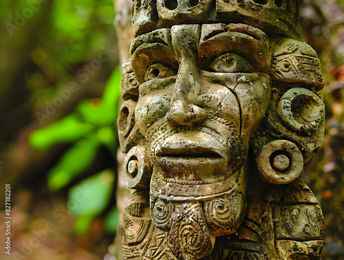 Close-Up of Intricate Ancient Mesoamerican Aztec Stone Statue with Detailed Symbols and Textured Surface in Natural Greenery Background