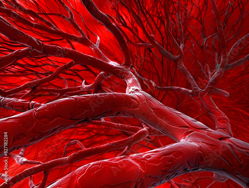 Intricate Close-Up of Network of Blood Vessels or Nerves Magnified Against Red Background Highly and Detailed Veins Pattern Perfect for Medical, Scientific, Educational, and Artistic Uses
