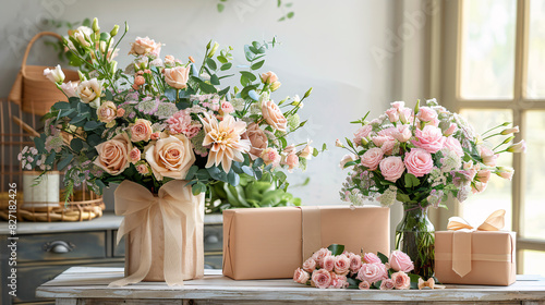 Fresh flowers and wrapped presents arranged elegantly on a flat surface