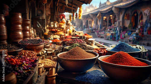 A high dynamic range photo of a bustling exotic market  with vibrant colors of spices  textiles  and crafts  capturing the essence of local culture as a travel backdrop.