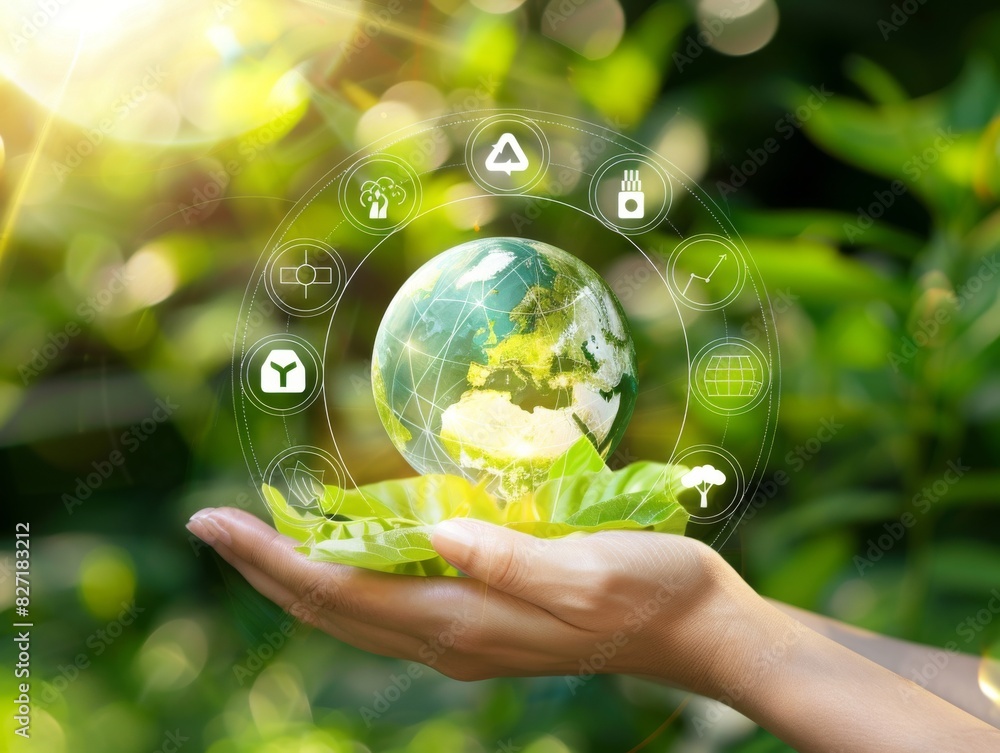 Hands holding a lush green earth with ecofriendly icons around, Sustainability, Digital Art Hands holding a lush green earth with ecofriendly icons around, Sustainability, Digital Art