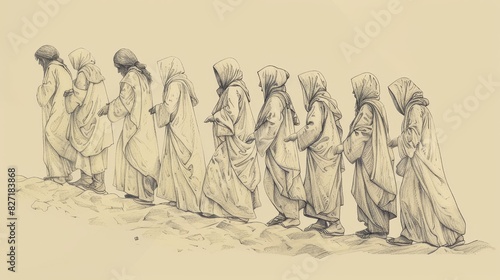 Ten Minas Parable, Servants Reporting Stewardship, Master, Biblical Illustration, Beige Background, Copyspace