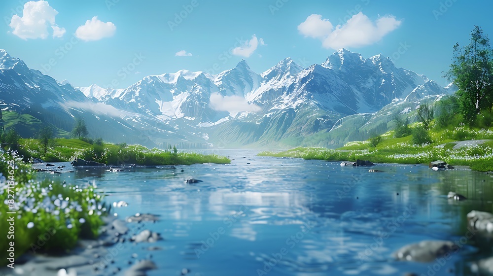 A river running through a mountain range with a clear blue sky