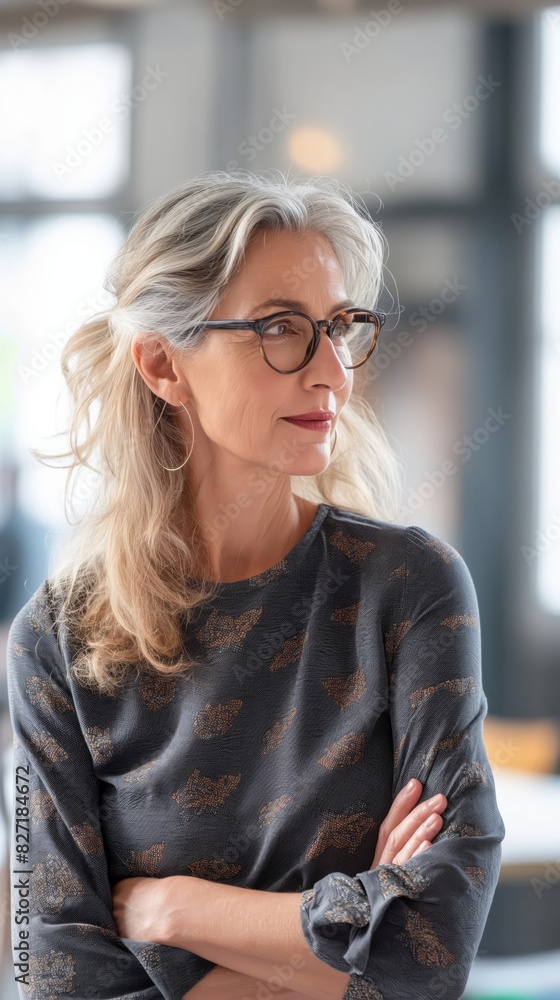 Fototapeta premium Poised and sophisticated mature woman gazes thoughtfully in a modern office setting, embodying grace and professional inspiration