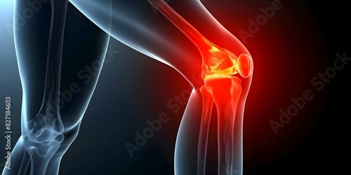 Red glowing knee joint with rheumatoid arthritis pain in human body. Concept Rheumatoid Arthritis, Knee Joint, Pain Management, Human Anatomy, Medical Conditions photo
