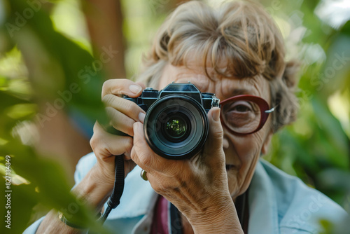 Mature woman with eyeglasses is attentively adjusting the lens of her camera, ready to capture the beauty around her in nature photo