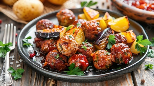 Cheddar meatballs with potato and eggplant on the plate © pngking