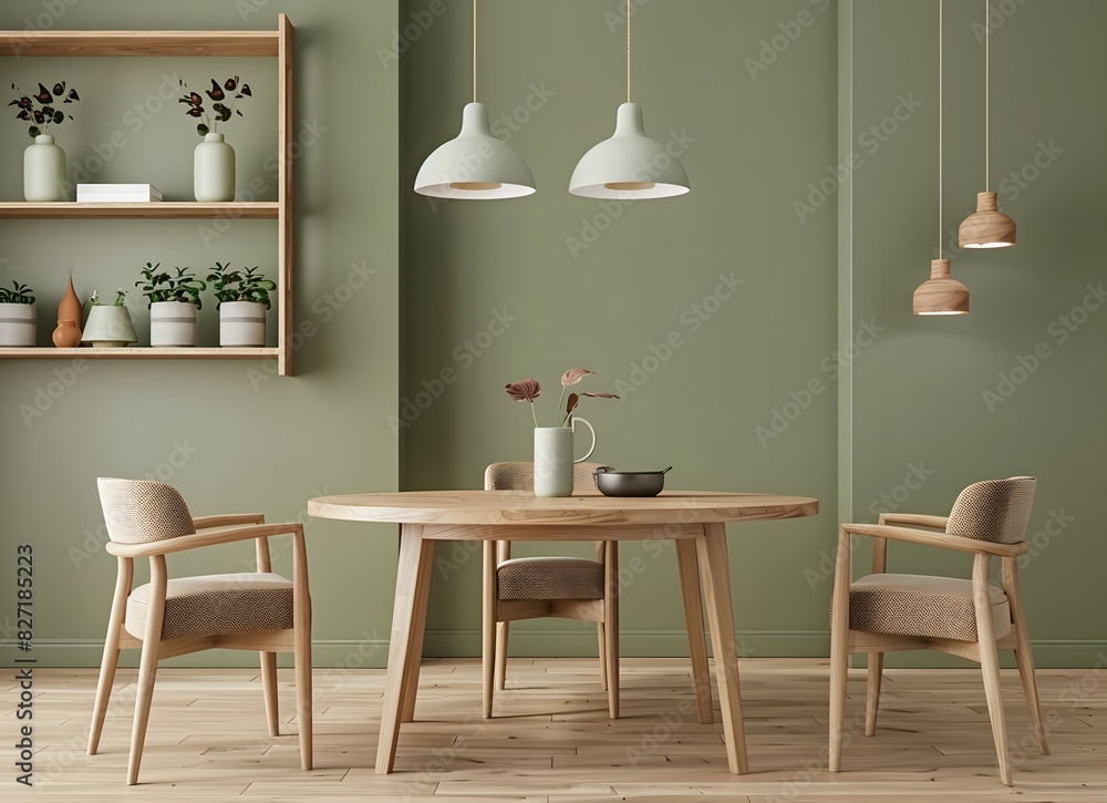 A minimalist dining room with light wood furniture A minimalist dining room with light wood furniture