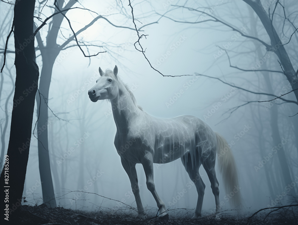 Fototapeta premium A Pegasus With A Semi-transparent Body Revealing Its Skeleton, Howling At The Moon In A Dense, Eerie Forest On A Clean Pastel Light And White Isolated Background