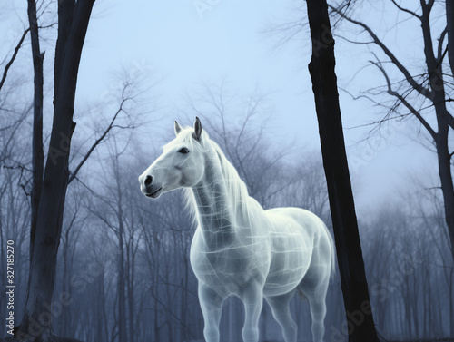 A Pegasus With A Semi-transparent Body Revealing Its Skeleton  Howling At The Moon In A Dense  Eerie Forest On A Clean Pastel Light And White Isolated Background