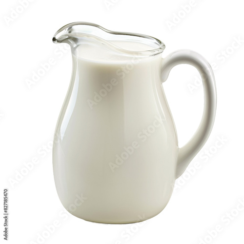 A glass jug full of whole cream cow milk on an isolated background